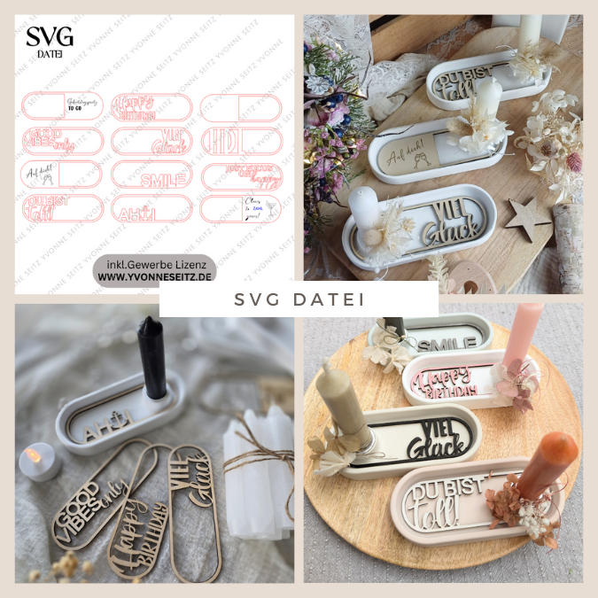 SVG Laserdatei 12 Designs Einleger für kleines ovales Deko Tablett Geburtstag Happy Moments Du bist toll Geschenkidee Mitbringsel SVG Datei