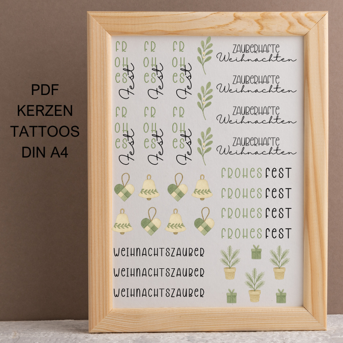 Frohes Fest Weihnachten grün greenery Boho Skandi PDF Kerzen Tattoo Vorlage A4 Kerzentattoos zum selber drucken Kerzensticker DIGITALE DATEI
