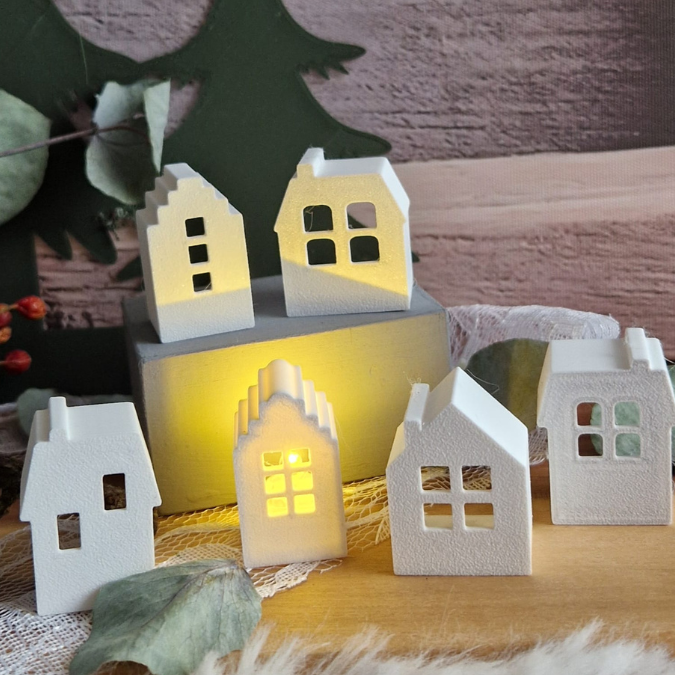 STL 3D Druck Datei Weihnachten 7er Set LED-Ballonlicht Häuser Haus Häuschen Mini Häuser Lichthaus Lichthäuser 3D-Datei 3D-Druck Vorlage