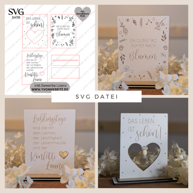 SVG Laserdatei 3er Aufsteller mit Botschaft Sonnenfänger 3mm 4mm Das Leben ist schön positiv Good vibes SVG-Datei Geschenkidee Affirmation