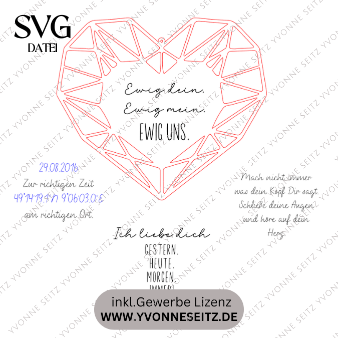 SVG Laserdatei Herz graphisch grafisch zum personalisieren mit Koordinaten oder Liebesbotschaft Liebe Valentinstag Freundin SVG Datei romant – Bild 2