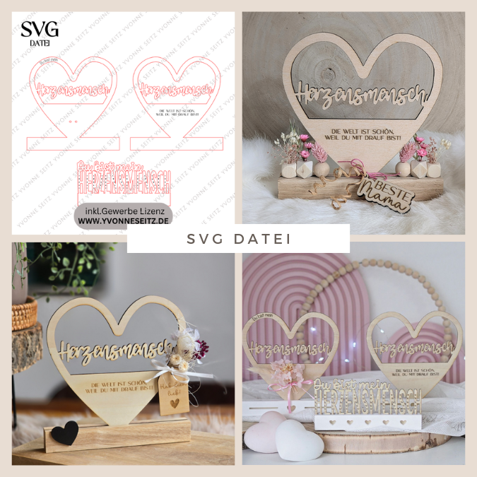 SVG Laserdatei Klötzchenschrift Herzensmensch Herz Aufsteller Liebe Valentinstag Freundin Mama Muttertag Klötzchendatei SVG Datei 3 Designs