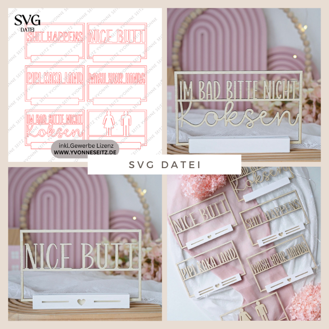 6 Designs SVG Laserdatei Klötzchenschrift Klötzchen Rahmen Gäste Wc Toilette Klo lustig nice butt shit happens SVG Datei nicht koksen humor