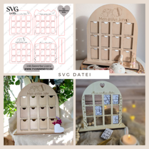 SVG Laserdatei Bilderrahmen Jahrescolage Mein erstes Jahr Baby 1. Geburtstag Geburt geschenkidee zur Geburt SVG Datei für 3mm und 4mm Holz