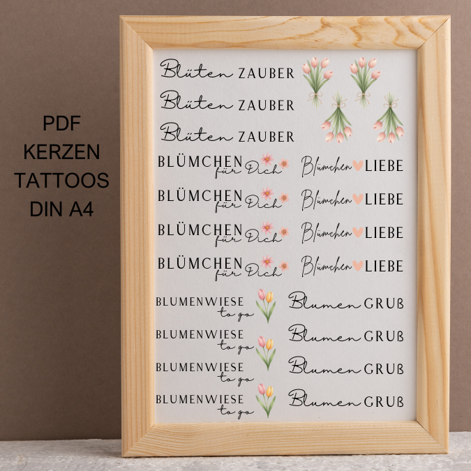 PDF Kerzen Tattoo Vorlage Blütenzauber Blumen Frühling Blumenliebe Blumenwise A4 Kerzentattoos zum ausdrucken Kerzensticker DIGITALE DATEI