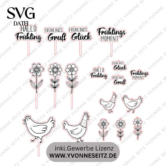 SVG Laserdatei Frühling Stecker und Anhänger Caketopper Pflanzenstecker Hühner Frühlingsdatei Laser Geschenkanhänger Blumen SVG Datei – Bild 2