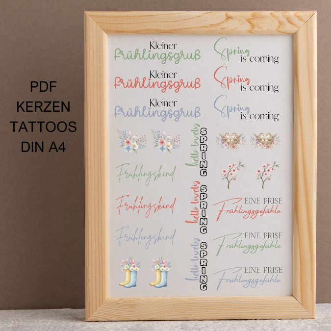 PDF Kerzen Tattoo Vorlage Blütenzauber Blumen Frühling bunt Frühlingskerzen A4 Kerzentattoos zum ausdrucken Kerzensticker DIGITALE DATEI
