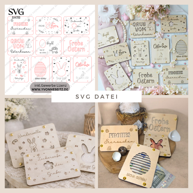10 Designs SVG Laserdatei Ostern Geldgeschenk Verpackung für Geld Gutscheinkarten SVG-Datei Osterhase Geldverpackung Laser Ostergeld Hase