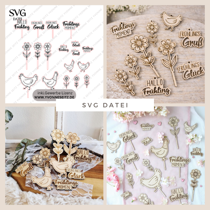 SVG Laserdatei Frühling Stecker und Anhänger Caketopper Pflanzenstecker Hühner Frühlingsdatei Laser Geschenkanhänger Blumen SVG Datei