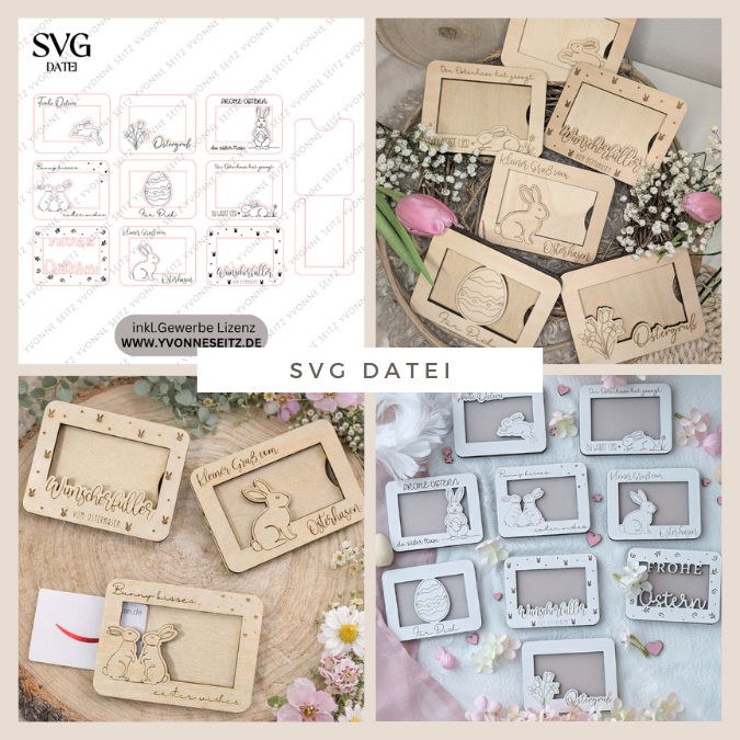 9 Designs Laserdatei Verpackung für Gutscheinkarten Gutscheine Geld Ostern Ec Kartengröße Geldgeschenk Wunschgutschein SVG Datei