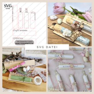 SVG Laserdatei Halter für Geldgeschenk, Kugelschreiber oder Kerzen Ostern to go 6 Designs Hase Ostermitbringsel SVG Datei