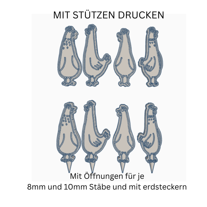 STL 3D Druck Datei 4 designs Pflanzenstecker Hühner Gartenstecker Frühling Ostern Homedecor Outdoor Deko Beetstecker für 8mm & 10mm Stäbe Bambu – Bild 2