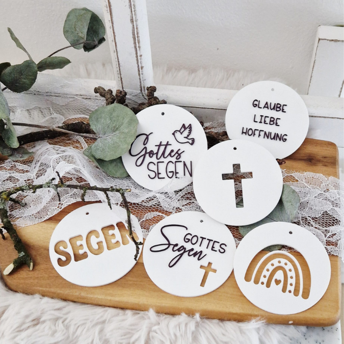 STL 3D Druck Datei Aufhänger 6er Set Kirche neutral Dekoscheiben Geschenkanhänger passend zum Ständer im Shop Designscheiben Taufe Hochzeit – Bild 12