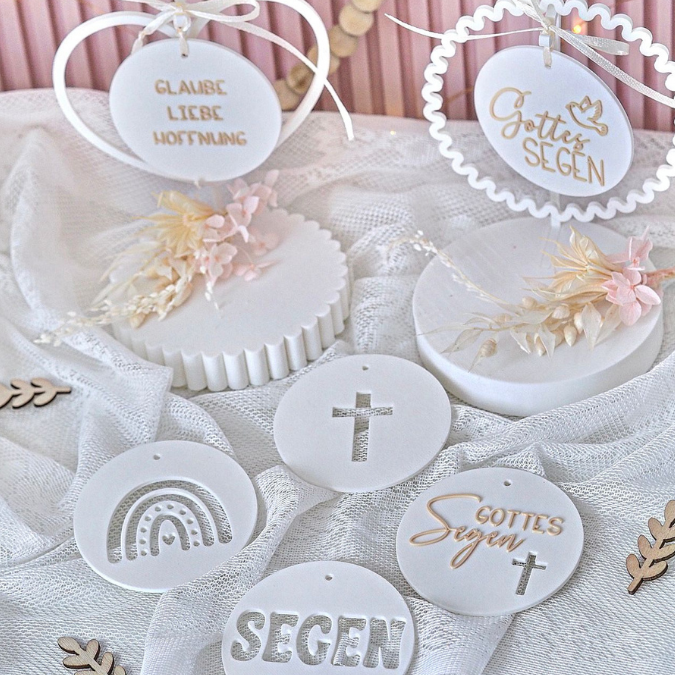 STL 3D Druck Datei Aufhänger 6er Set Kirche neutral Dekoscheiben Geschenkanhänger passend zum Ständer im Shop Designscheiben Taufe Hochzeit