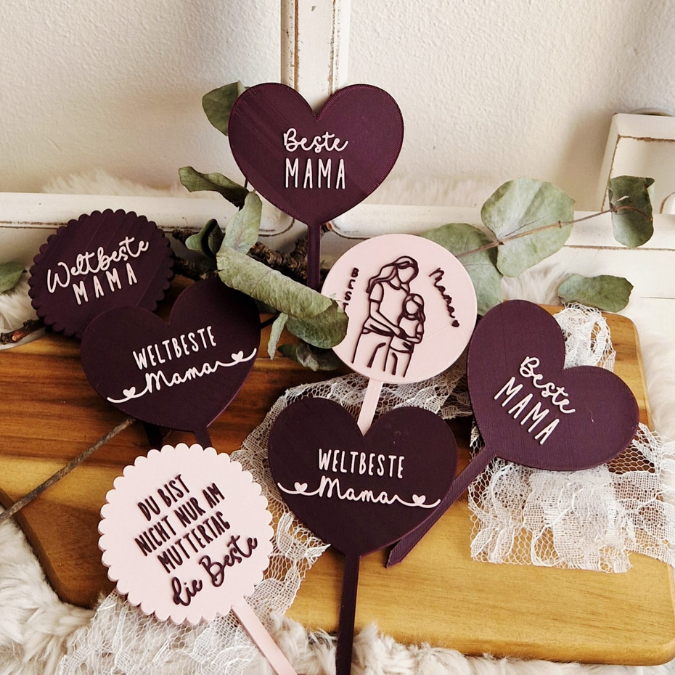 STL 3D Druck Datei Stecker 6er Set MUTTERTAG Pflanzenstecker Caketopper 3D-Druck Datei Mama