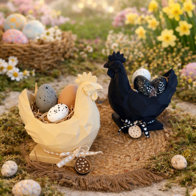 STL 3D Druck Datei Osterkorb Schale Graphisch Huhn geometrisch Hahn skalierbar 3D-Druck Datei Frühling elegante Frühlingsdeko Skulptur