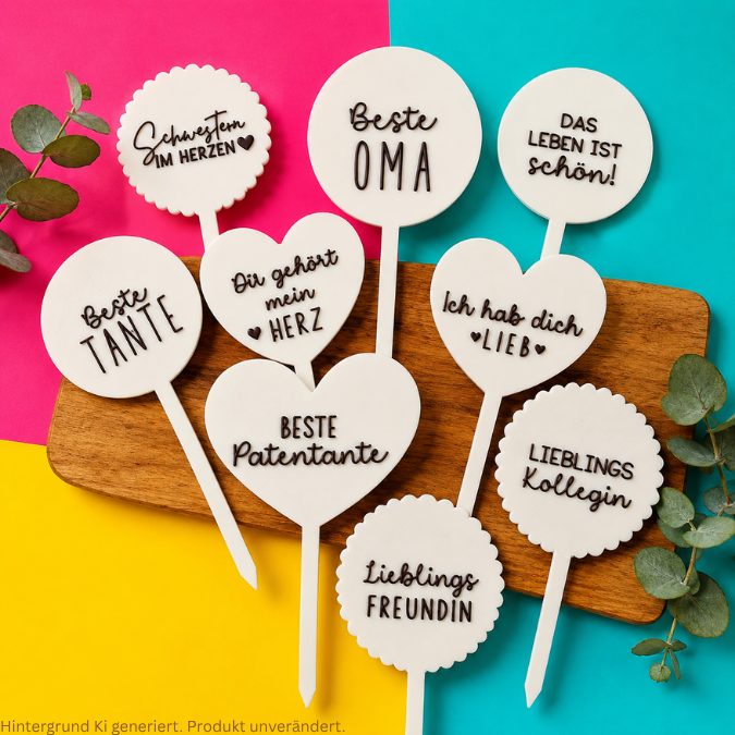 STL 3D Druck Datei Stecker 9erSet Herzensmenschen Pflanzenstecker Caketopper 3D-Druck Datei Oma Tante Kollegin Freundin Schwester Patentante