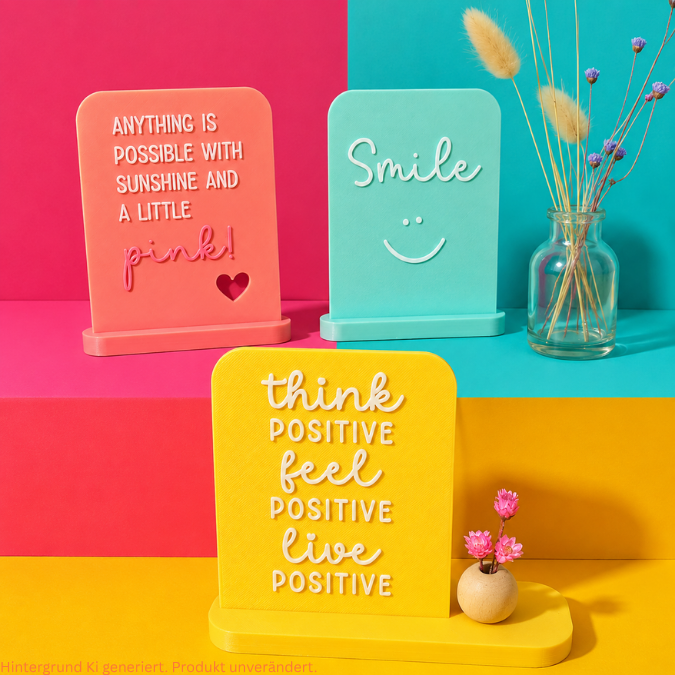 STL 3D Druck Datei Aufsteller positive quotes mit 3 Ständern und 4 Design Karten Schild Statement 3D-Druck Datei smile pink adventures