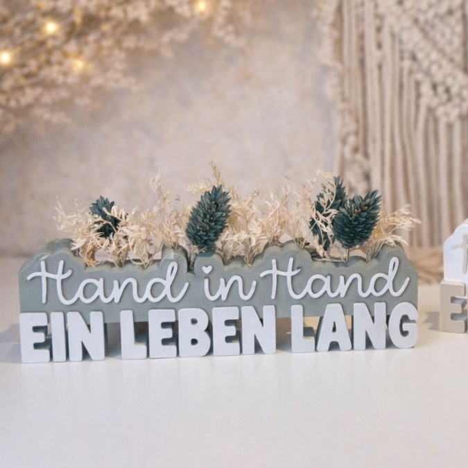 STL 3D Druck Datei Hochzeit 2er Schriftzug "Hand in Hand ein Leben lang" mit und ohne Löcher für Blumen 3D Datei zur Hochzeit – Bild 4