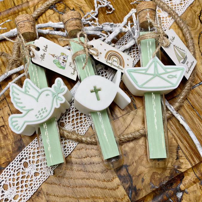 STL 3D Druck Datei 10 Designs 3 Größen Kirche Aufschieber Wunscherfüller für Reagenzglas Geldgeschenk Konfirmation Kommunion Firmung Taufe