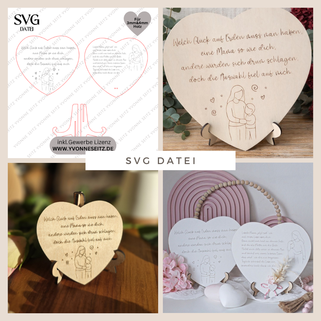 SVG Laserdatei Herz mit Gedicht zum Muttertag Mama mit Ständer für 3mm und 4mm Holz Trockenblumen Beste Mama Mutter Mami Familie SVG Datei