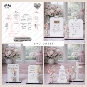 SVG Laserdatei 6 Designs Aufsteller Engel Kreuz inkl. Gravuren Kirche SVG-Datei personalisierbar Taufe Kommunion Konfirmation Firmung