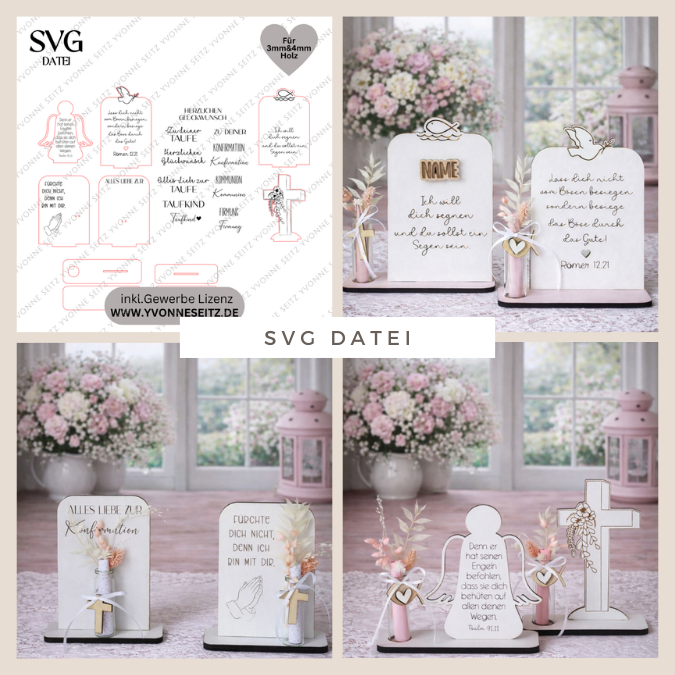 SVG Laserdatei 6 Designs Aufsteller Engel Kreuz inkl. Gravuren Kirche SVG-Datei personalisierbar Taufe Kommunion Konfirmation Firmung