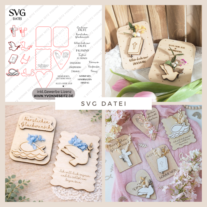 SVG Laserdatei Karten zur Taufe Konfirmation Kommunion zum füllen mit Blumen oder Geld Grußkarten SVG Datei Geldgeschenk Kirche Firmung