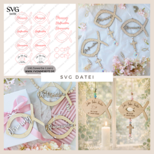 SVG Laserdatei Fisch Kränze 9 Designs inkl Sonnenfänger Konfirmation Kommunion Firmung Taufe Anhänger Kirche SVG-Datei personalisierbar