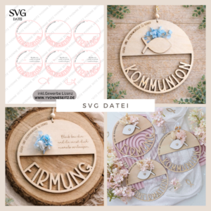 SVG Laserdatei 6er Set Kränze für Kommunion Konfirmation Firmung Geldgeschenk mit Fisch zum füllen mit Blumen oder Geldgeschenk SVG-Datei
