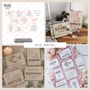 SVG Laserdatei Geldgeschenk Verpackung für Geld 8 Designs Kirchlich Taufe Konfirmation Kommunion Gutscheinkarten SVG-Datei Geldkarten