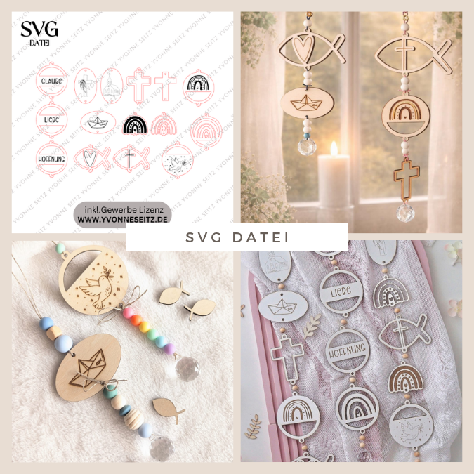 SVG Laserdatei 15 designs Sonnenfänger Kirchlich Kirche Konfirmation Kommunion Firmung Taufe Geschenk Anhänger SVG-Datei Glaube Regenbogen