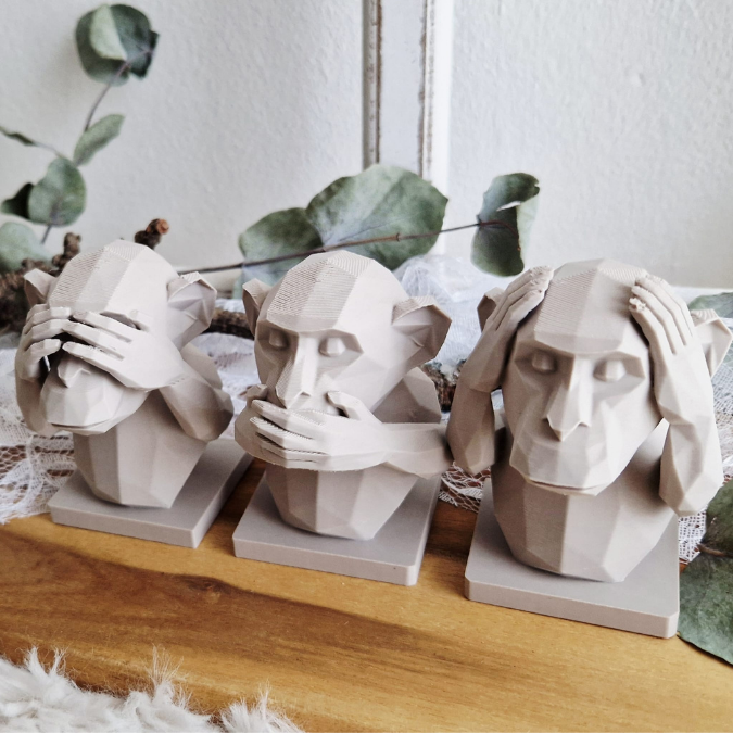 STL 3D Druck Datei Affennbüste Graphisch Affen geometrisch Nichts hören nichts sehen nichts sagen skalierbar 3D-Druck Datei Skulptur – Bild 4