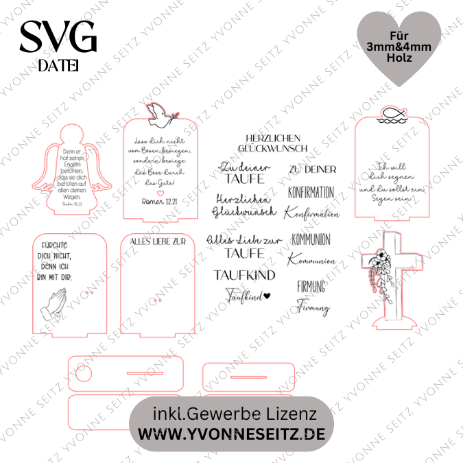 SVG Laserdatei 6 Designs Aufsteller Engel Kreuz inkl. Gravuren Kirche SVG-Datei personalisierbar Taufe Kommunion Konfirmation Firmung – Bild 3