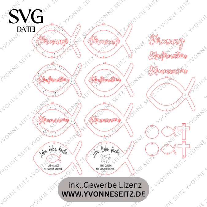 SVG Laserdatei Fisch Kränze 9 Designs inkl Sonnenfänger Konfirmation Kommunion Firmung Taufe Anhänger Kirche SVG-Datei personalisierbar – Bild 2