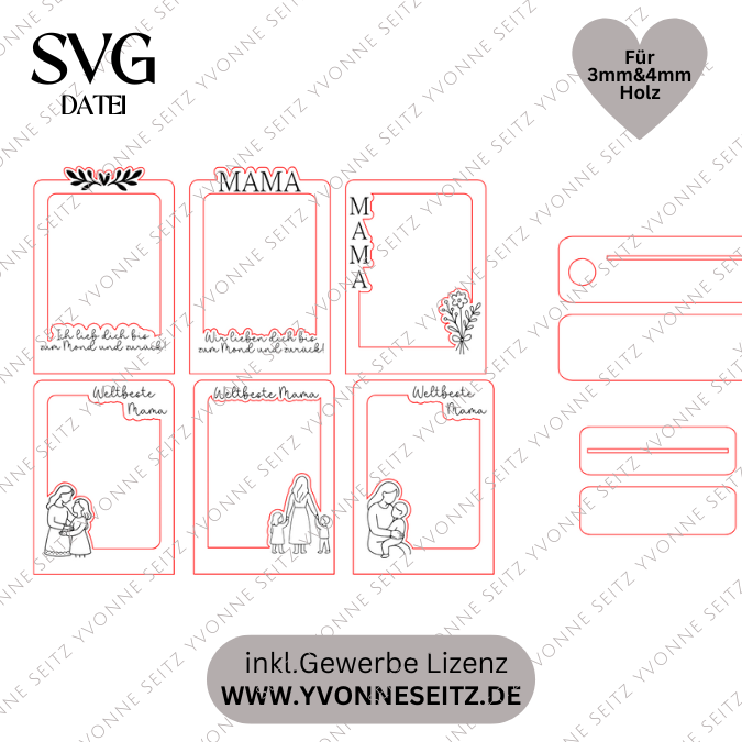 SVG Laserdatei 6 Designs Bilderrahmen Muttertag Mama mit Ständer für 3mm und 4mm Holz Beste Mama Mutter Mami Familie SVG Datei – Bild 2
