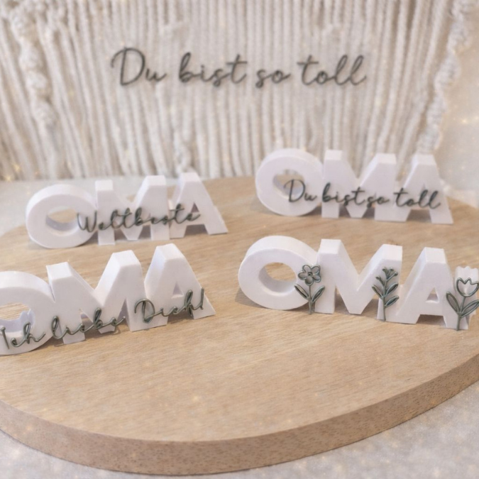 STL 3D Druck Datei 6 verschiedene Designs Oma Schriftzug 3D-Datei Muttertag Weltbeste Oma wir lieben dich Blumen Großmutter