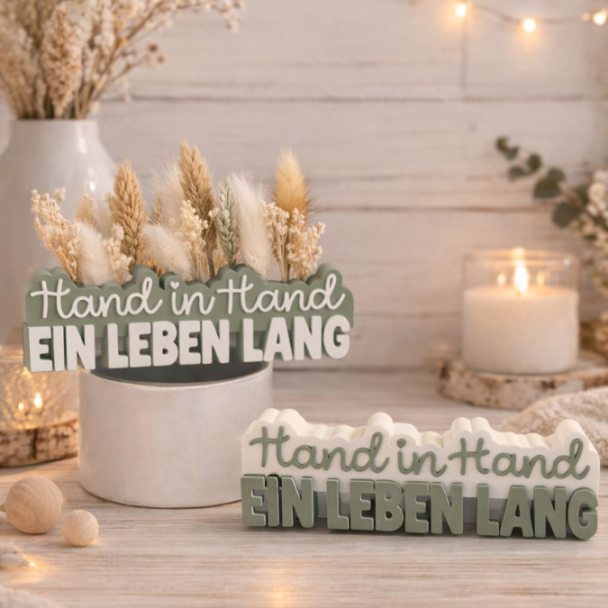 STL 3D Druck Datei Hochzeit 2er Schriftzug "Hand in Hand ein Leben lang" mit und ohne Löcher für Blumen 3D Datei zur Hochzeit – Bild 4