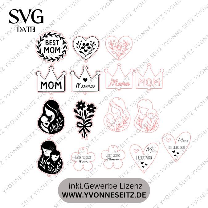 SVG Laserdatei Sonnenfänger Motive Anhänger Mama Mom 16 designs deutsch und englisch Muttertag Herz Blumen Mutter SVG Datei – Bild 2