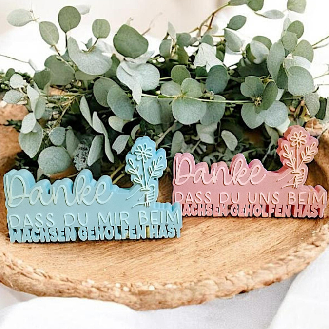 3D Druck Datei STL 2er Set Kindergartenabschied Danke dass du mir / uns beim wachsen geholfen hast Aufsteller 3D-Druck Datei Erzieherin