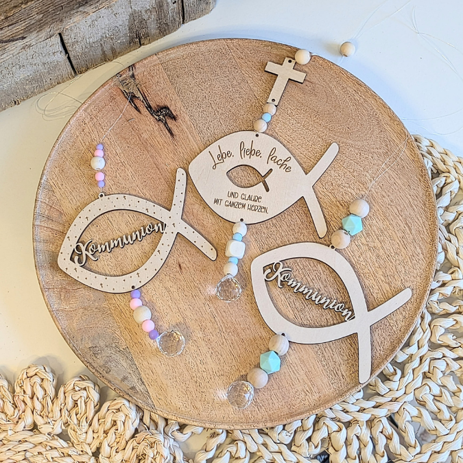 SVG Laserdatei Fisch Kränze 9 Designs inkl Sonnenfänger Konfirmation Kommunion Firmung Taufe Anhänger Kirche SVG-Datei personalisierbar – Bild 3