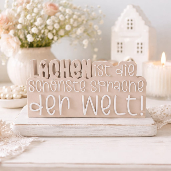 STL 3D Druck Datei Aufsteller Schriftzug Statement "Lachen ist die schönste Sprache der Welt" 3D-Druck Datei Quote Spruch positiv – Bild 3