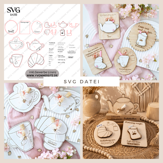 SVG Laserdatei Einladung zum Frühstück Karten für Blumen Gutscheine Brunch Mittagessen Lunch Frenchtoast Croissant Tee Kaffee SVG Datei