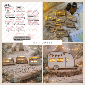 SVG Laserdatei Wohnwagen Camping 8 Designs 2 Größen klein für Ballonlichter groß für Lichterkette Ballonlicht Leuchtdeko SVG-Datei