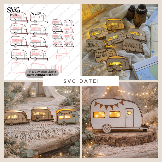SVG Laserdatei Wohnwagen Camping 8 Designs 2 Größen klein für Ballonlichter groß für Lichterkette Ballonlicht Leuchtdeko SVG-Datei