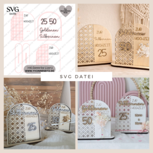 SVG Laserdatei Aufsteller Silberhochzeit und Goldhochzeit 25 Hochzeit 50 Jahre verheiratet rattan optik Geldgeschenk Hochzeitsgeschenk personalisierbar 3mm 4mm