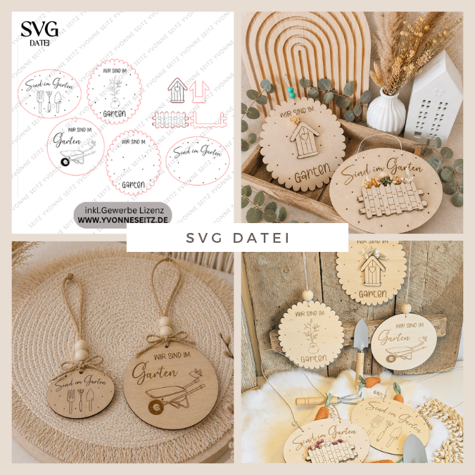 SVG Laserdatei 6er Set Holzscheiben Wir sind im Garten Schilder Schild Outdoor Gartenglück Blumen Gravur SVG Datei