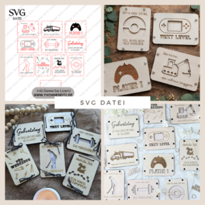 SVG Laserdatei Männer Geldgeschenk Verpackung für Geld 10 Designs Gutscheinkarten Vatertag LKW Bagger Playstation Werkzeug Hantel SVG-Datei