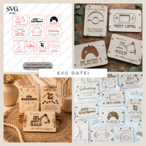 SVG Laserdatei Männer Geldgeschenk Verpackung für Geld 10 Designs Gutscheinkarten Vatertag LKW Bagger Playstation Werkzeug Hantel SVG-Datei