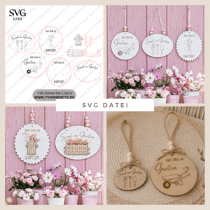 SVG Laserdatei 6er Set Holzscheiben Wir sind im Garten Schilder Schild Outdoor Gartenglück Blumen Gravur SVG Datei